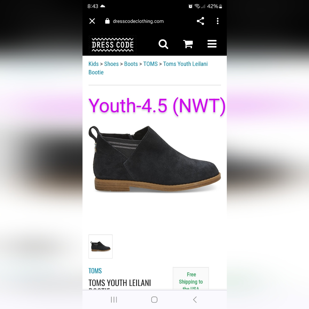 Toms Leilani Youth 4.5 Black Suede Boots New